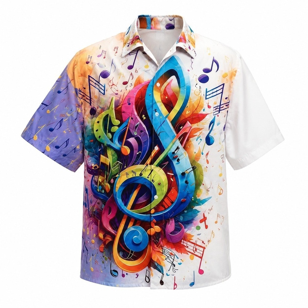 Music Notes Print Button Front Top Men's Polyester Art Shirt Colorful Top